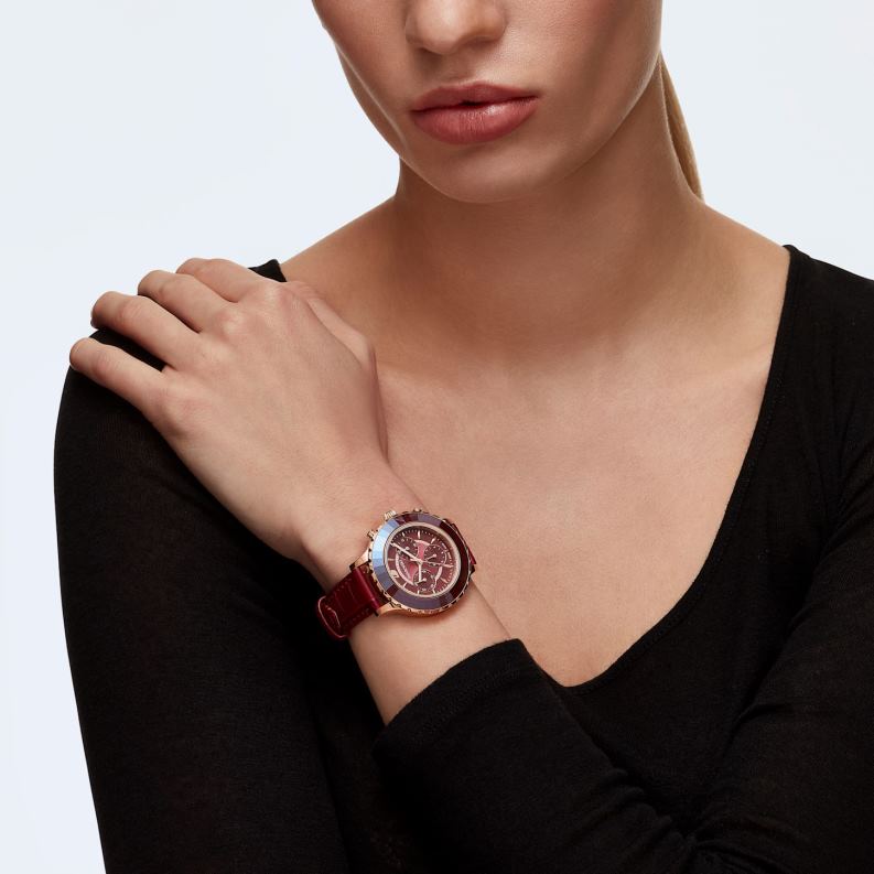 hodinky octea lux chrono švajčiarska výroba, kožený remienok, červený povrch v ružovom zlate B8ZNT1195 Swarovski príslušenstvo