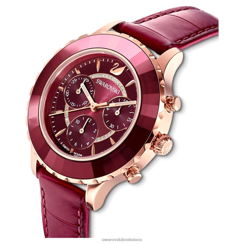 hodinky octea lux chrono švajčiarska výroba, kožený remienok, červený povrch v ružovom zlate B8ZNT1195 Swarovski príslušenstvo