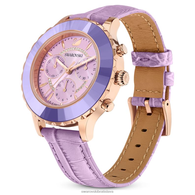 hodinky octea lux chrono švajčiarska výroba, kožený remienok, fialová, povrchová úprava v ružovom zlate B8ZNT1157 Swarovski príslušenstvo