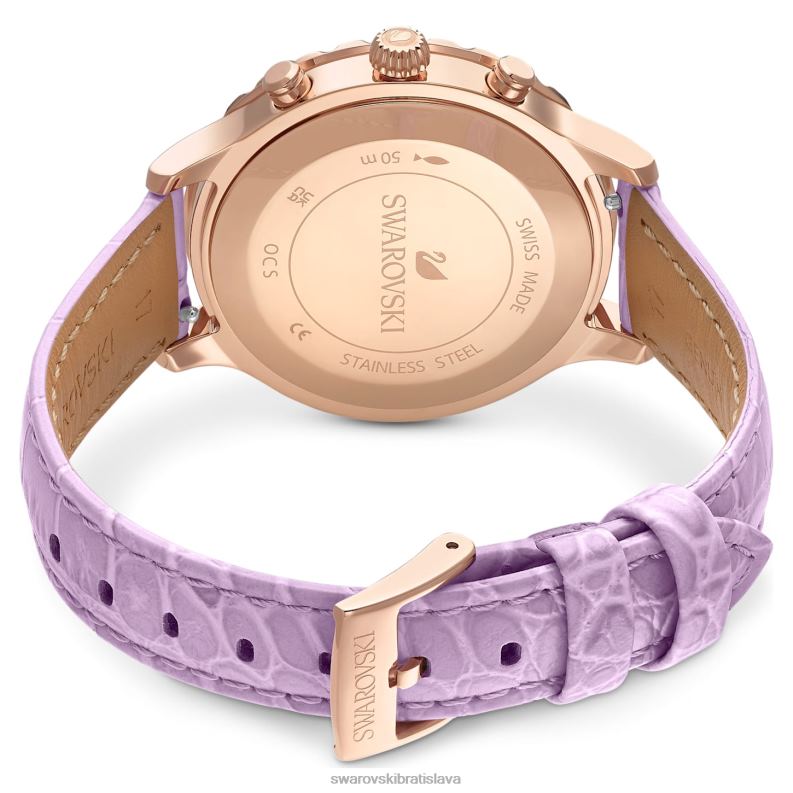 hodinky octea lux chrono švajčiarska výroba, kožený remienok, fialová, povrchová úprava v ružovom zlate B8ZNT1157 Swarovski príslušenstvo