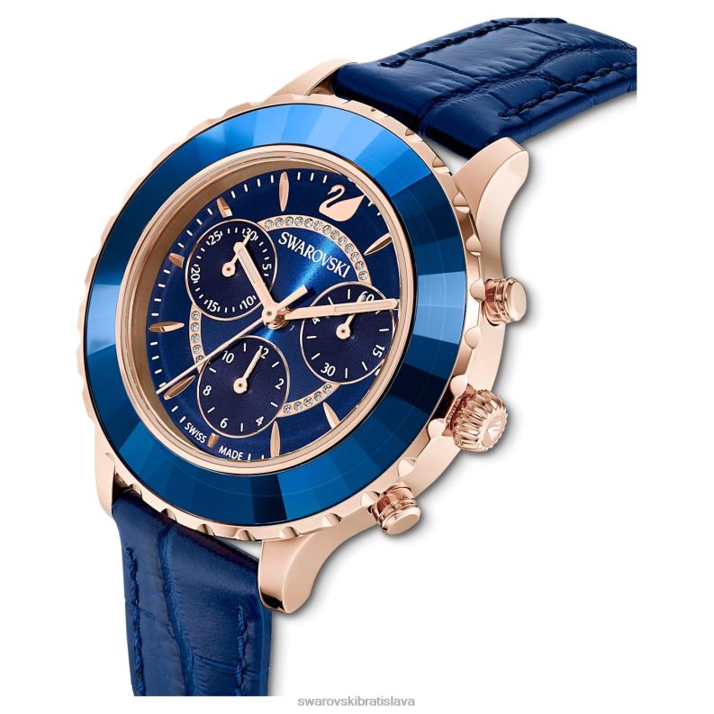 hodinky octea lux chrono švajčiarska výroba, kožený remienok, modrá, povrchová úprava ružové zlato B8ZNT1164 Swarovski príslušenstvo