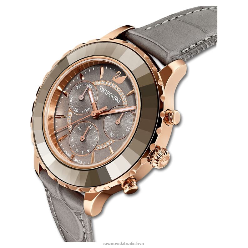 hodinky octea lux chrono švajčiarska výroba, kožený remienok, sivá, povrchová úprava ružové zlato B8ZNT1177 Swarovski príslušenstvo