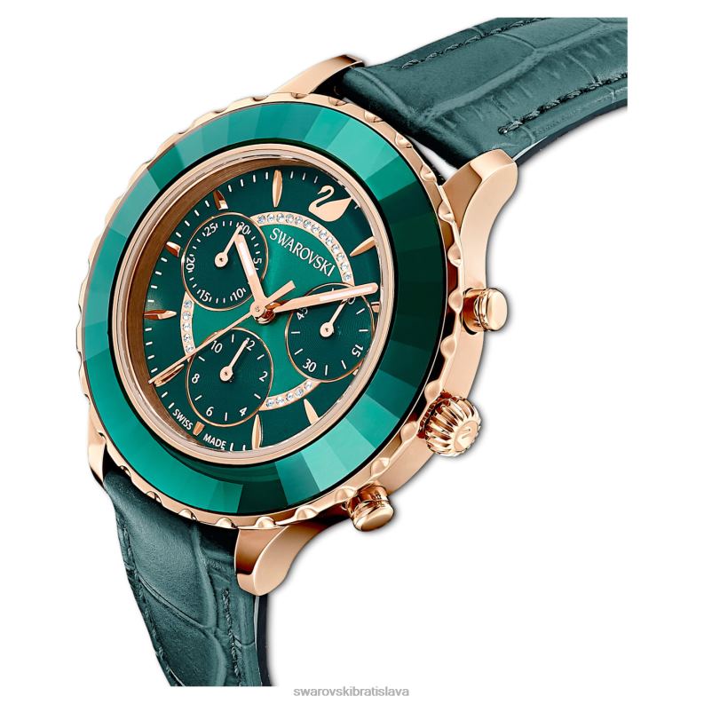 hodinky octea lux chrono švajčiarska výroba, kožený remienok, zelená, povrchová úprava v ružovom zlate B8ZNT1159 Swarovski príslušenstvo