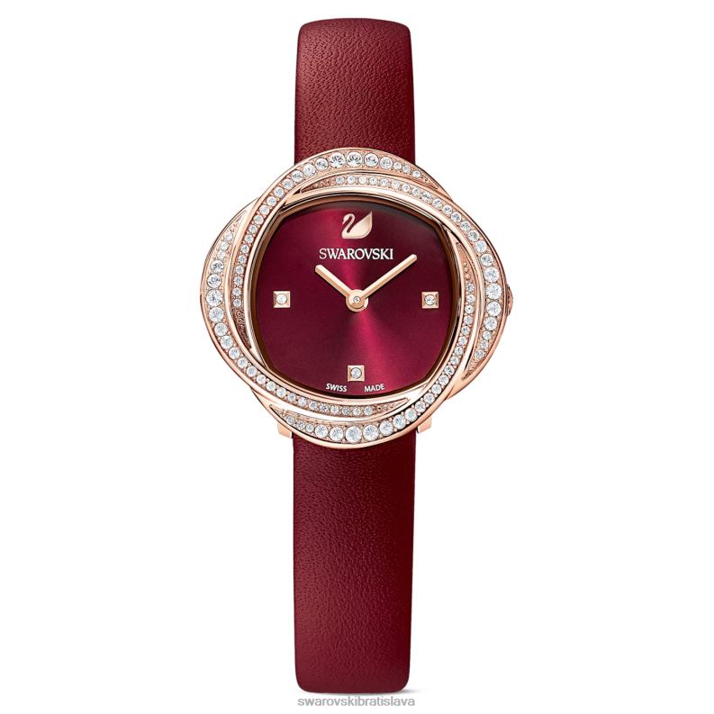 krištáľové kvetinové hodinky švajčiarska výroba, kožený remienok, červený povrch v ružovom zlate B8ZNT1201 Swarovski príslušenstvo
