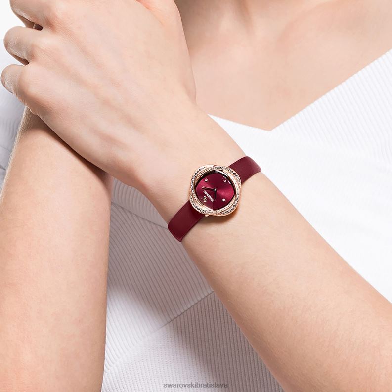 krištáľové kvetinové hodinky švajčiarska výroba, kožený remienok, červený povrch v ružovom zlate B8ZNT1201 Swarovski príslušenstvo