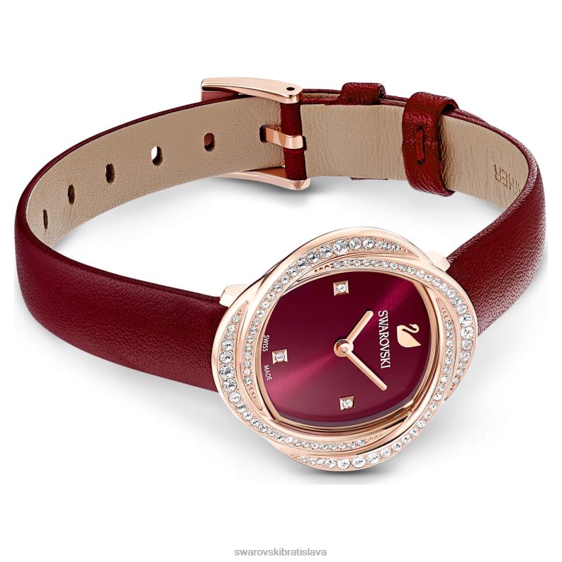 krištáľové kvetinové hodinky švajčiarska výroba, kožený remienok, červený povrch v ružovom zlate B8ZNT1201 Swarovski príslušenstvo