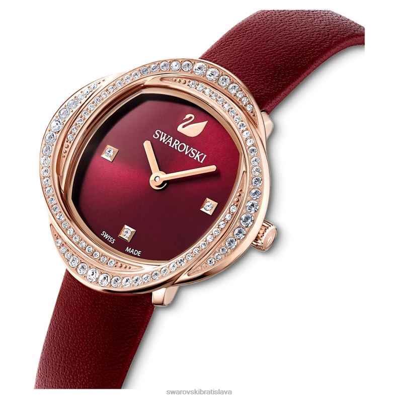 krištáľové kvetinové hodinky švajčiarska výroba, kožený remienok, červený povrch v ružovom zlate B8ZNT1201 Swarovski príslušenstvo