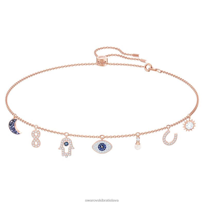 symbolický náhrdelník mesiac, nekonečno, ruka, zlé oko a podkova, modrá, pozlátené ružovým zlatom B8ZNT14 Swarovski šperky