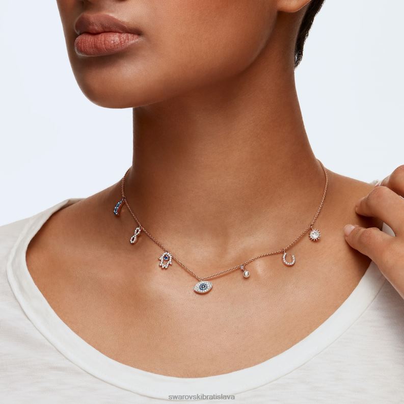 symbolický náhrdelník mesiac, nekonečno, ruka, zlé oko a podkova, modrá, pozlátené ružovým zlatom B8ZNT14 Swarovski šperky
