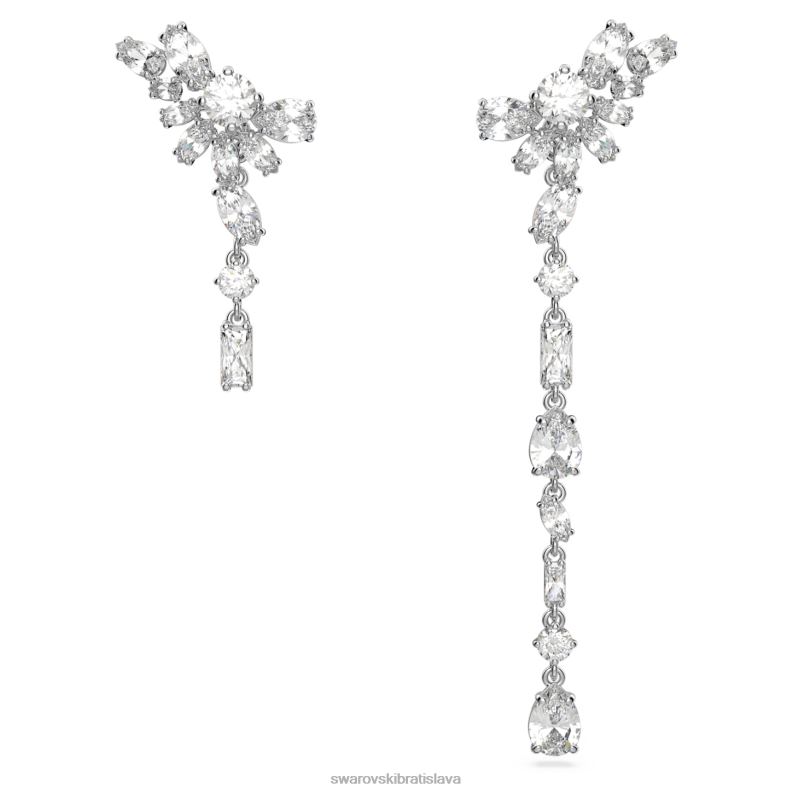 visiace náušnice gema asymetrický dizajn, zmiešané strihy, kvet, biela, rhodiované B8ZNT854 Swarovski šperky