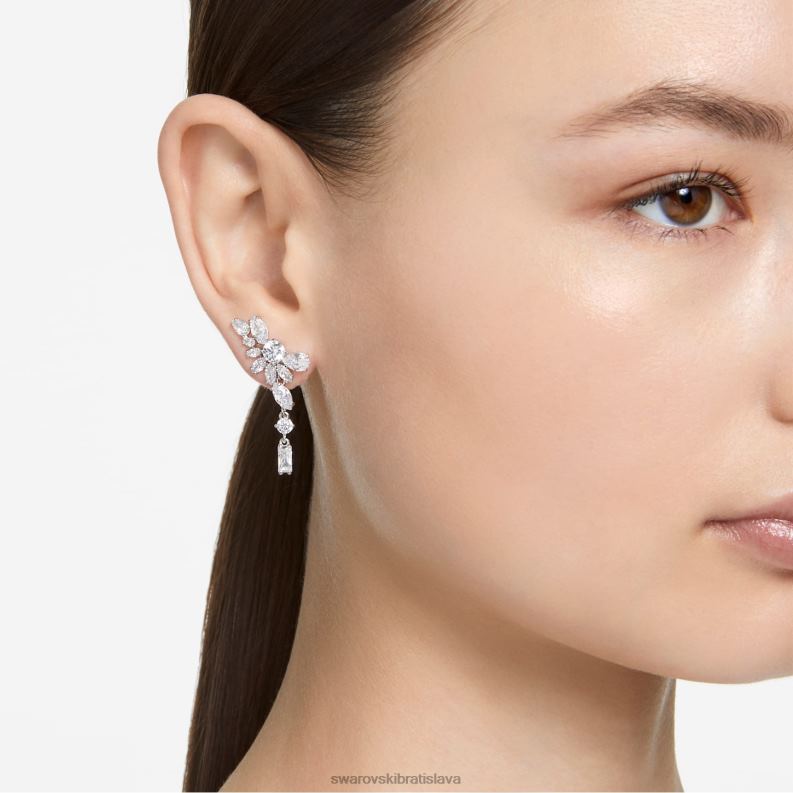 visiace náušnice gema asymetrický dizajn, zmiešané strihy, kvet, biela, rhodiované B8ZNT854 Swarovski šperky