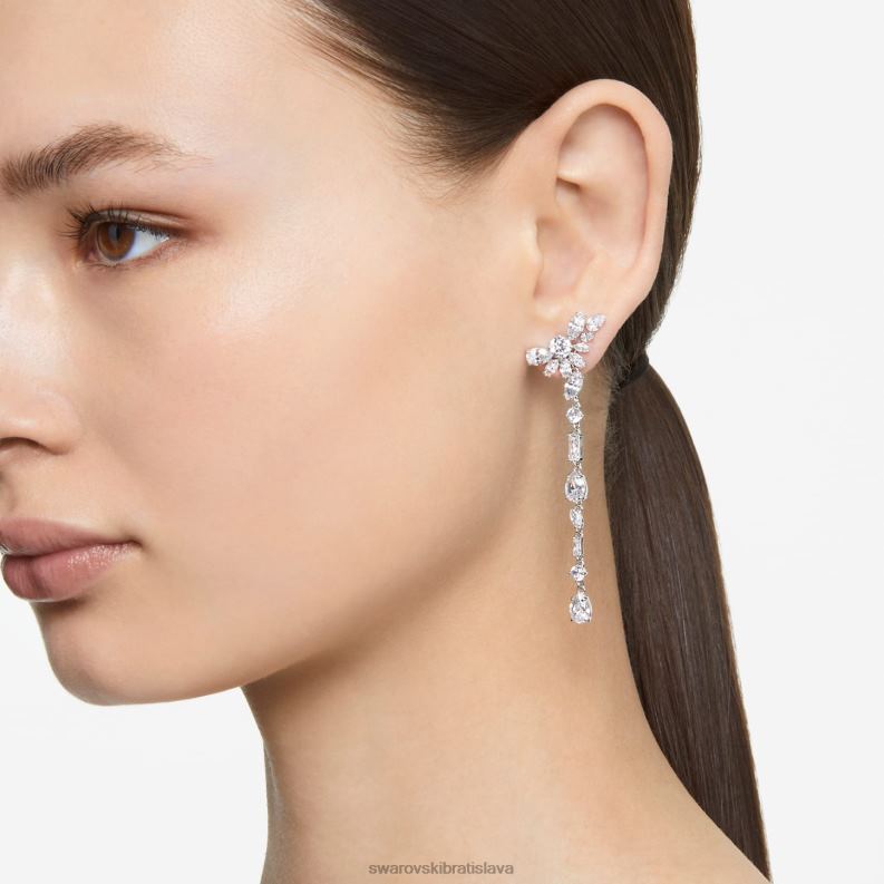 visiace náušnice gema asymetrický dizajn, zmiešané strihy, kvet, biela, rhodiované B8ZNT854 Swarovski šperky