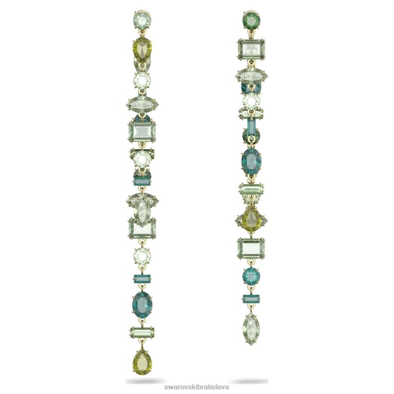 visiace náušnice gema asymetrický dizajn, zmiešané strihy, zelené, pozlátené B8ZNT763 Swarovski šperky