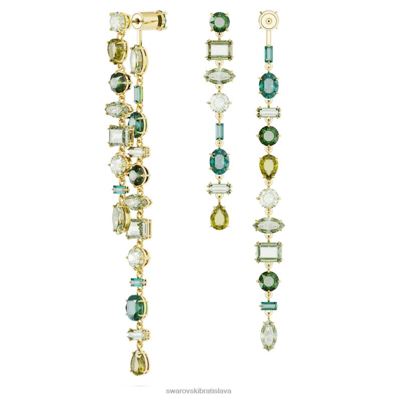 visiace náušnice gema asymetrický dizajn, zmiešané strihy, zelené, pozlátené B8ZNT836 Swarovski šperky