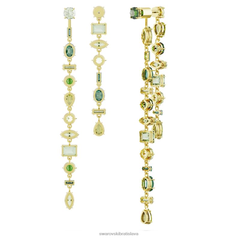 visiace náušnice gema asymetrický dizajn, zmiešané strihy, zelené, pozlátené B8ZNT836 Swarovski šperky