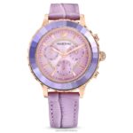 hodinky octea lux chrono švajčiarska výroba, kožený remienok, fialová, povrchová úprava v ružovom zlate B8ZNT1157 Swarovski príslušenstvo