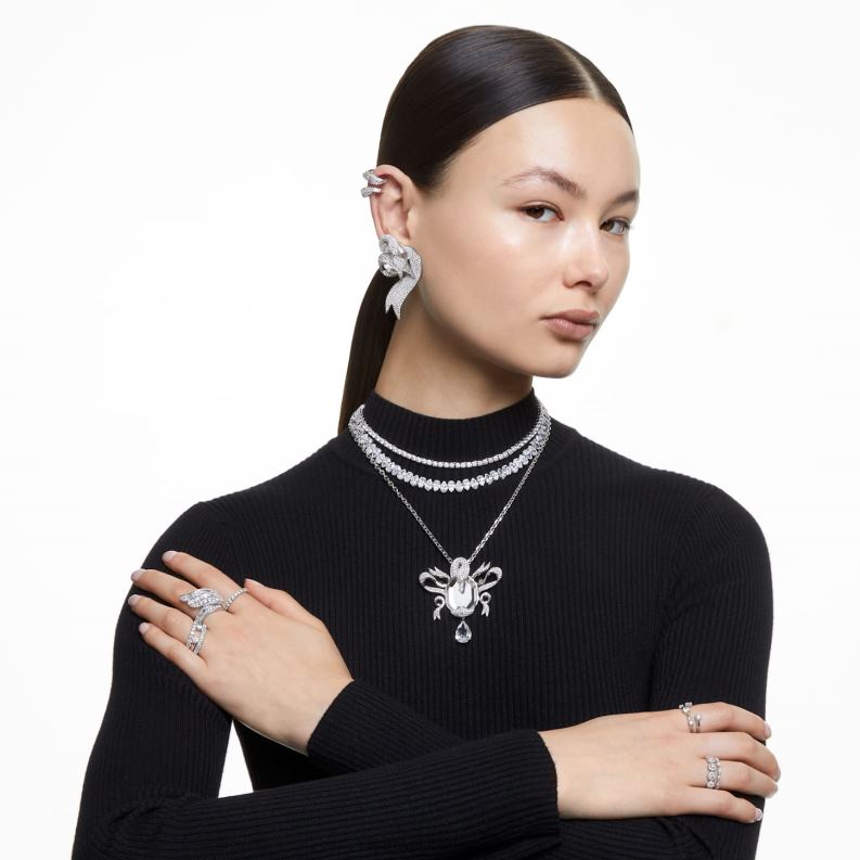 náušnice hyperbola klip uhlíkovo neutrálny oxid zirkoničitý, zmiešané rezy, biely, rhodiovaný B8ZNT940 Swarovski šperky - Image 6