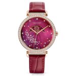 prechod mesačná fáza hodinky švajčiarska výroba, mesiac, kožený remienok, červená, povrchová úprava v ružovom zlate B8ZNT1197 Swarovski príslušenstvo